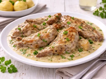 Weißer Teller mit Kaninchenfleisch in cremiger Sahnesauce, begossen und angerichtet auf weißem Holzhintergrund mit sichtbarer Maserung