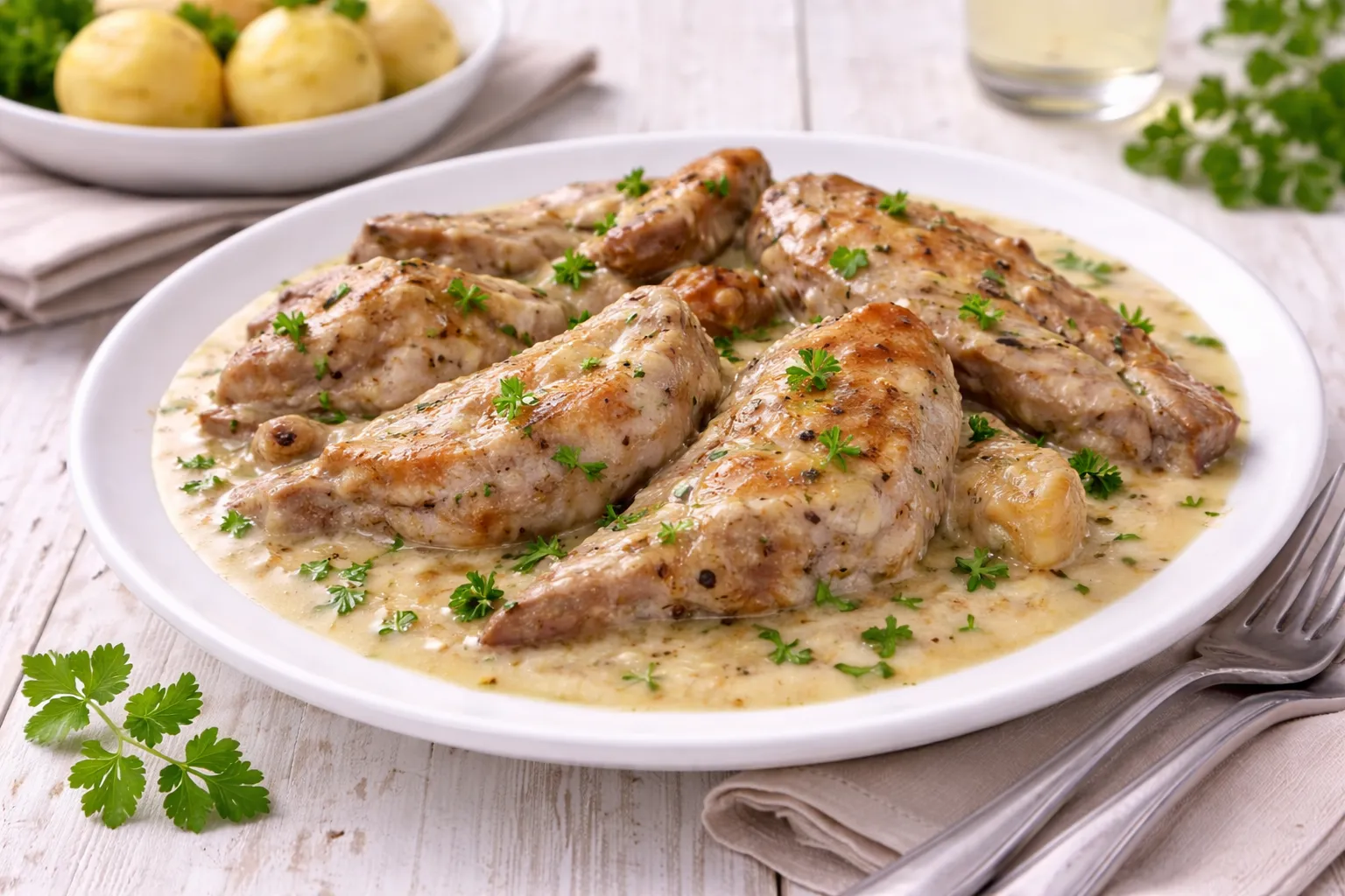 Weißer Teller mit Kaninchenfleisch in cremiger Sahnesauce, begossen und angerichtet auf weißem Holzhintergrund mit sichtbarer Maserung