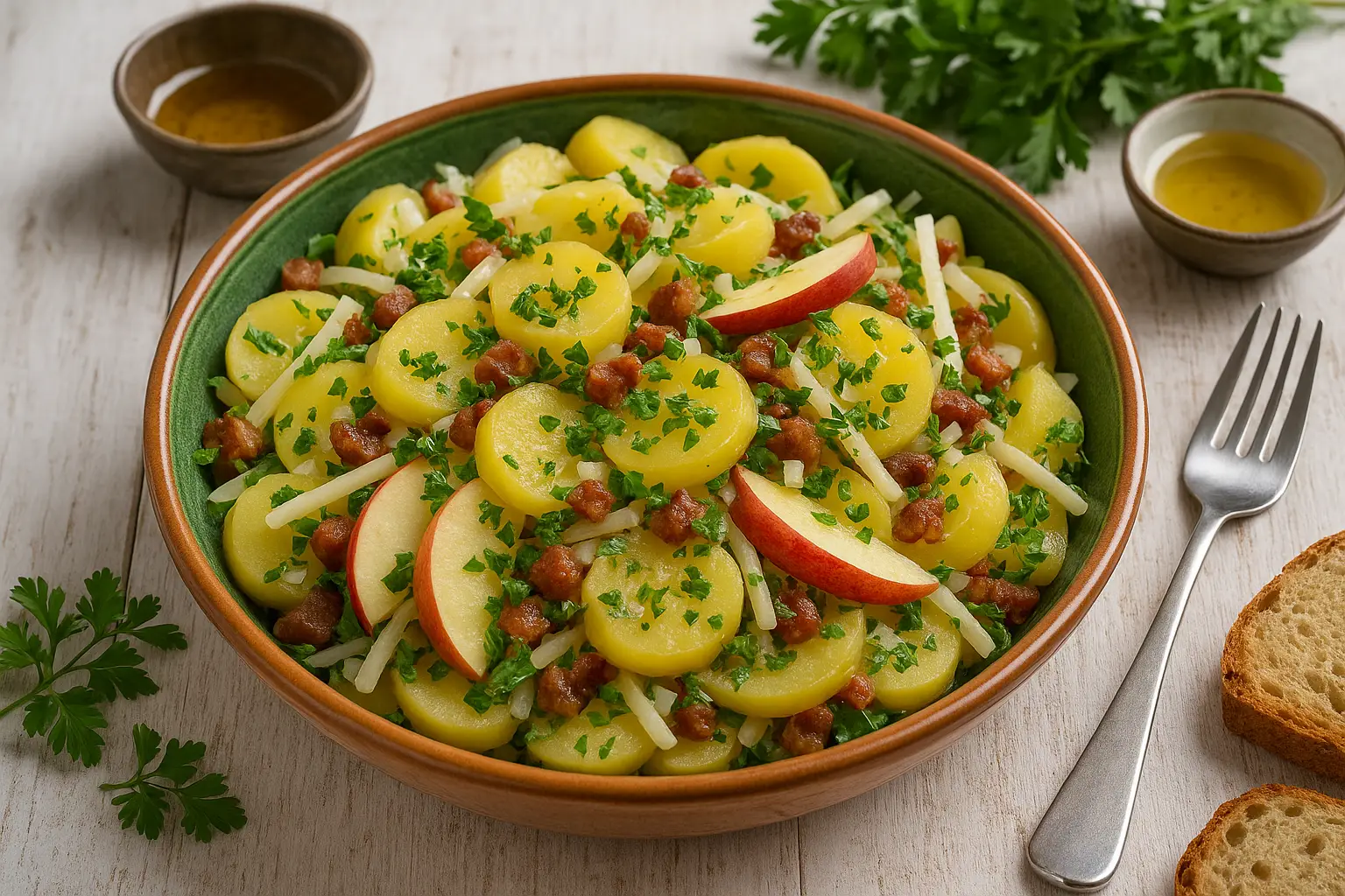  Kartoffelsalat mit Apfel, Sellerie, Speck, Zwiebeln und Petersilie, angerichtet in rustikaler Schüssel auf hellem Holztisch, frisch und dekorativ serviert.