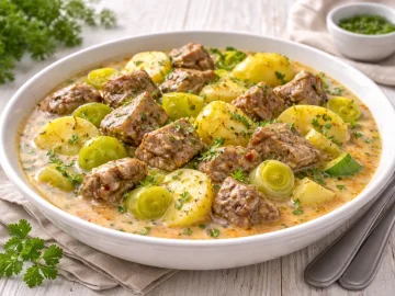 Schüssel mit Lammfleisch, Kartoffeln und Porree in cremiger Brühe auf weißem Holztisch