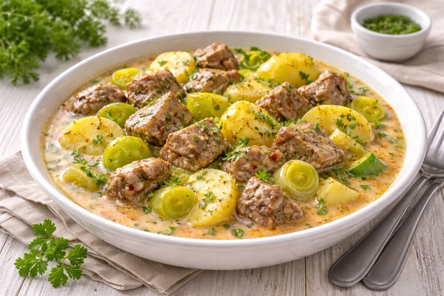 Schüssel mit Lammfleisch, Kartoffeln und Porree in cremiger Brühe auf weißem Holztisch