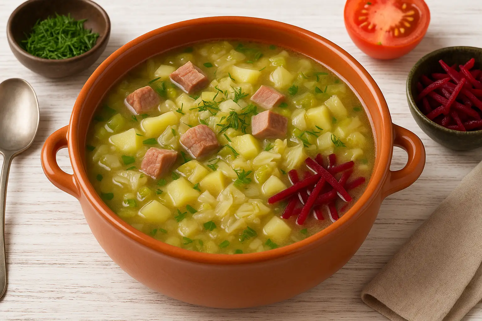  Mecklenburger Räuchersuppe mit Kaßler, Speck, Weißkohl, Kartoffeln und frischen Kräutern in rustikaler Suppenschüssel, angerichtet auf weißem Holztisch.
