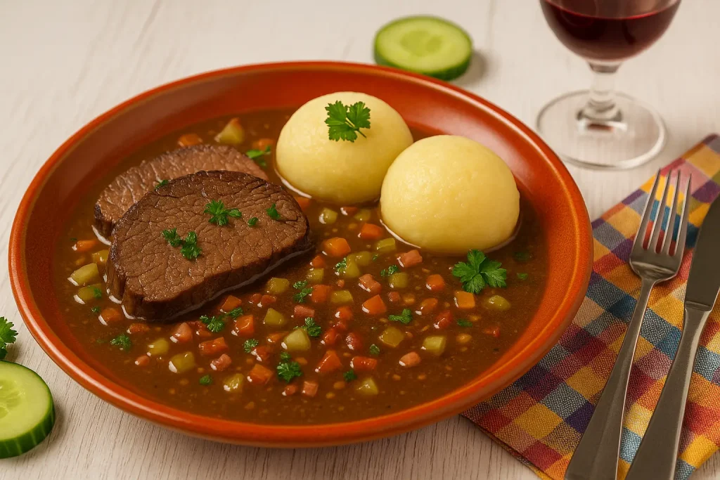 Mühlhausener Rinderbraten mit Gemüse-Soße, Klößen und Petersilie auf rotem Teller, dazu Rotweinglas, Gurke und Besteck, alles im Breitformat auf weißem Holz angerichtet.