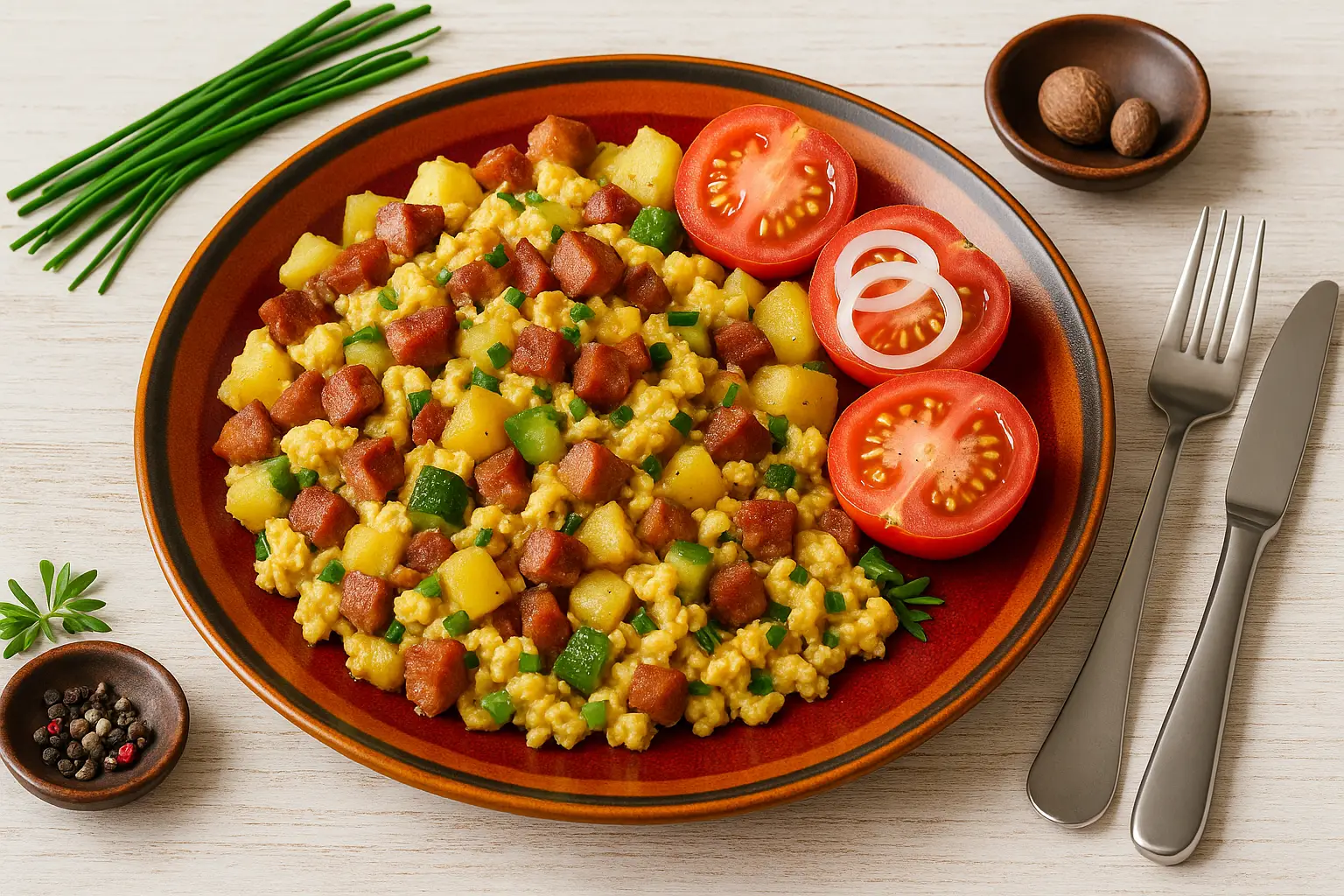 Neustrelitzer Rühreier mit Schweinebauch, gebratenen Kartoffeln, Tomatenhälften, Gurke und Zwiebelringen auf buntem DDR-Teller, hell dekoriert und einladend angerichtet.