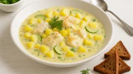 Stralsunder Fischertopf mit Kabeljau, Kartoffeln, Gurken und Dill-Senf-Sahne in weißem Teller, serviert auf weißem Holztisch mit Brot und Kräutern