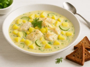 Stralsunder Fischertopf mit Kabeljau, Kartoffeln, Gurken und Dill-Senf-Sahne in weißem Teller, serviert auf weißem Holztisch mit Brot und Kräutern