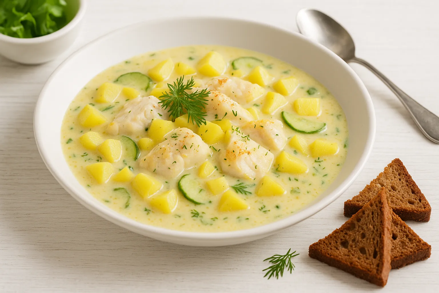 Stralsunder Fischertopf mit Kabeljau, Kartoffeln, Gurken und Dill-Senf-Sahne in weißem Teller, serviert auf weißem Holztisch mit Brot und Kräutern