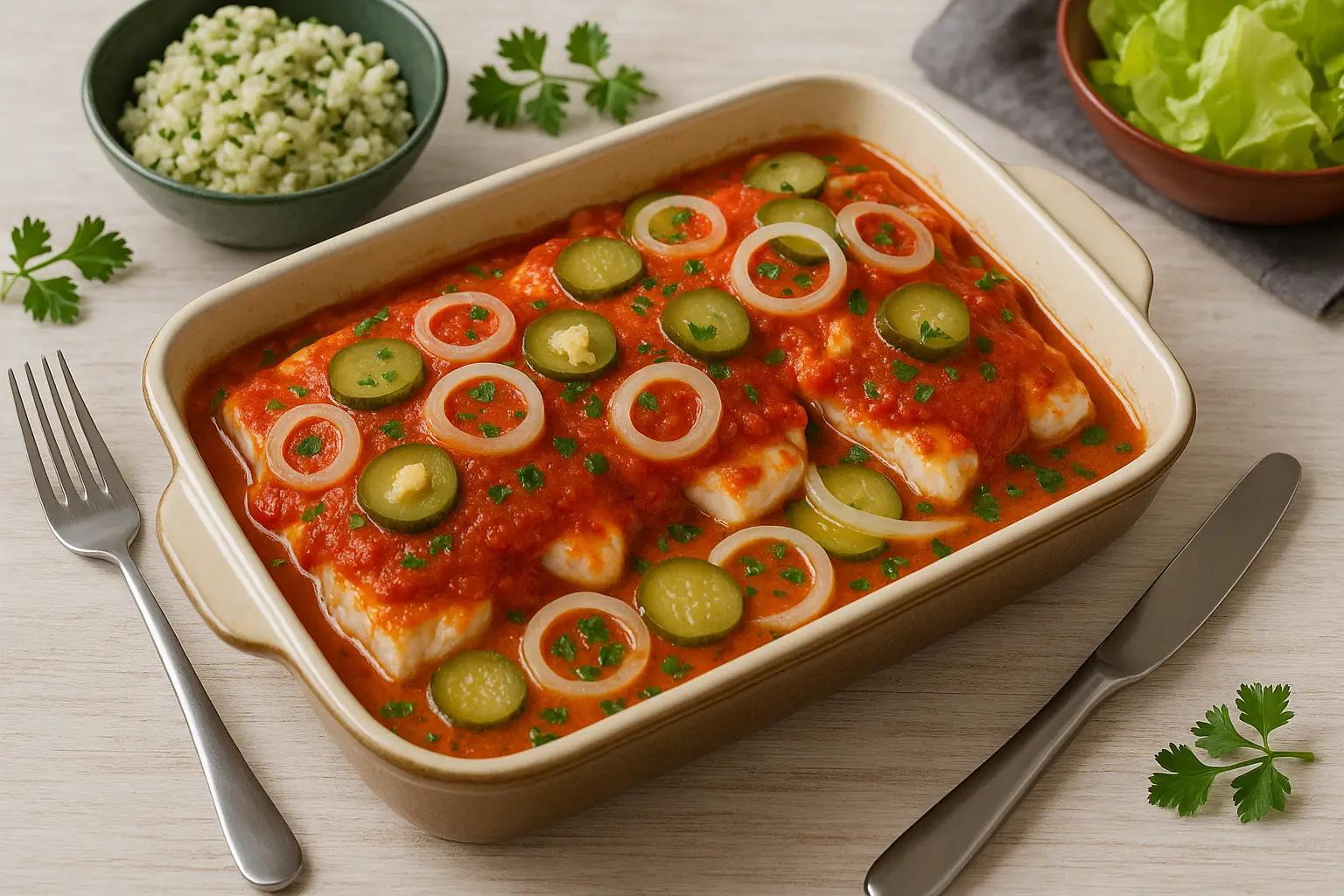  Ofengebackener Tomaten-Meerrettich-Fisch mit Gurken, Zwiebeln und Tomatenkruste, garniert mit Petersilie, angerichtet in Auflaufform auf hellem Holztisch.