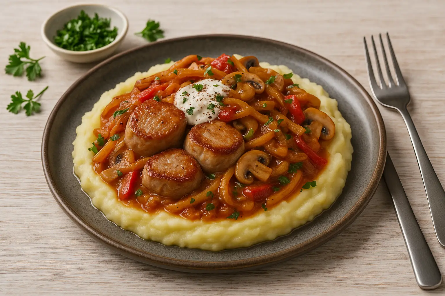  Zwiebelschweinelendchen auf Kartoffelpüree mit Letscho-Zwiebelsauce und Champignons, angerichtet auf modernem Teller, dekoriert mit Petersilie.