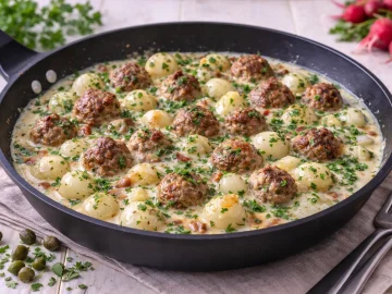 Zwiebelmarkt-Zwiebelpfanne mit Hackklößchen, kleinen Zwiebeln und cremiger Soße in Pfanne angerichtet