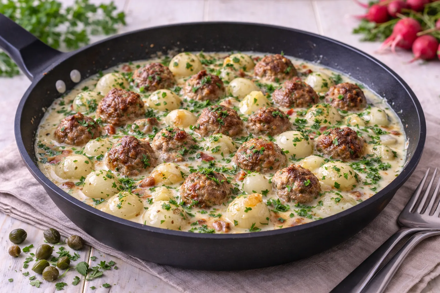 Zwiebelmarkt-Zwiebelpfanne mit Hackklößchen, kleinen Zwiebeln und cremiger Soße in Pfanne angerichtet