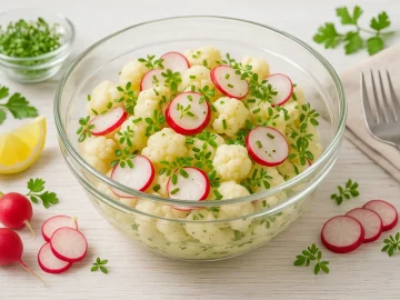 Blumenkohl-Radieschen-Salat mit Gartenkresse und Zitronen-Marinade in rustikaler Schüssel, frisch dekoriert.