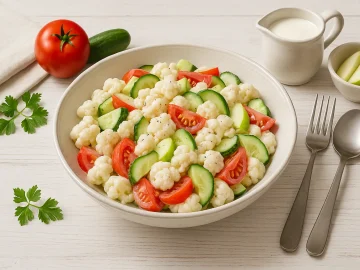 Schüssel mit Blumenkohlsalat aus Gemüse und Äpfeln auf weißem Holzhintergrund