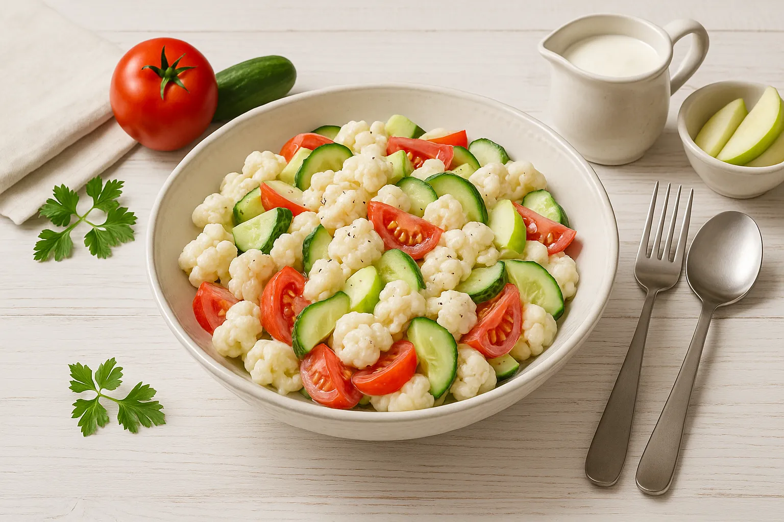 Schüssel mit Blumenkohlsalat aus Gemüse und Äpfeln auf weißem Holzhintergrund