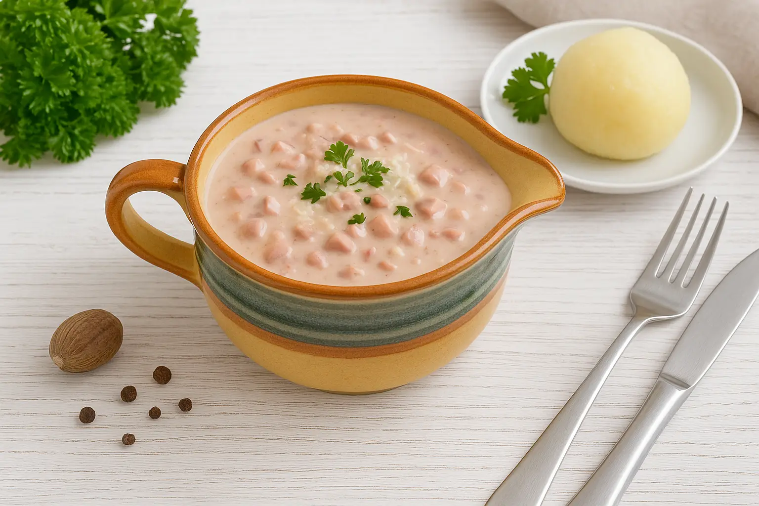  Cremige Schinkensoße mit Schinkenwürfeln und Meerrettich, serviert in rustikaler Sauciere auf weißem Holztisch, dazu moderne Deko und ein Klöß.