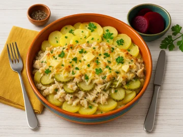 Fischfilet-Auflauf mit Kartoffeln, Gewürzgurken, Zwiebeln und geschmolzenem Käse auf buntem DDR-Teller, serviert mit roter Bete und frischer Petersilie, hell dekoriert auf weißem Holztisch.