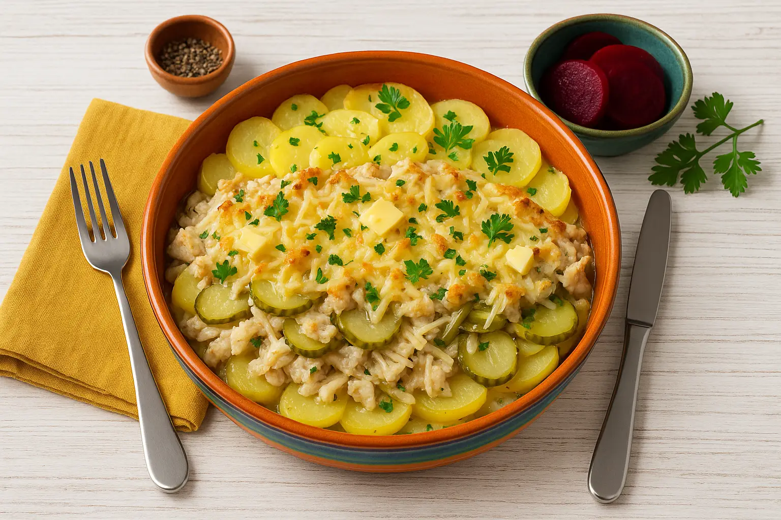  Fischfilet-Auflauf mit Kartoffeln, Gewürzgurken, Zwiebeln und geschmolzenem Käse auf buntem DDR-Teller, serviert mit roter Bete und frischer Petersilie, hell dekoriert auf weißem Holztisch.