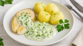 Fischsteak aus Zander mit Knoblauch-Gurkensauce, serviert auf weißem Teller mit Kartoffeln und Kräutern auf hellem Holztisch