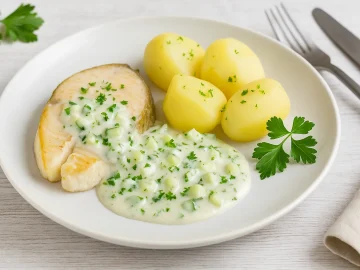 Fischsteak aus Zander mit Knoblauch-Gurkensauce, serviert auf weißem Teller mit Kartoffeln und Kräutern auf hellem Holztisch