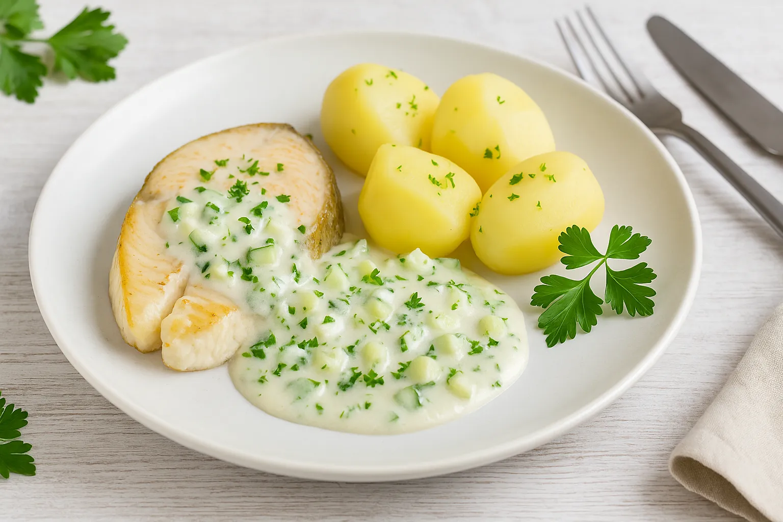 Fischsteak aus Zander mit Knoblauch-Gurkensauce, serviert auf weißem Teller mit Kartoffeln und Kräutern auf hellem Holztisch