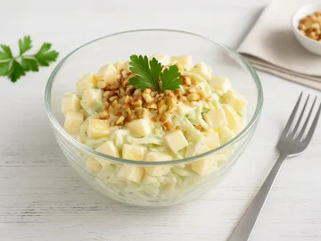 Florida-Salat mit Ananas, Käse, Sellerie und Nüssen in einer modernen Glasschüssel auf weißem Holzhintergrund