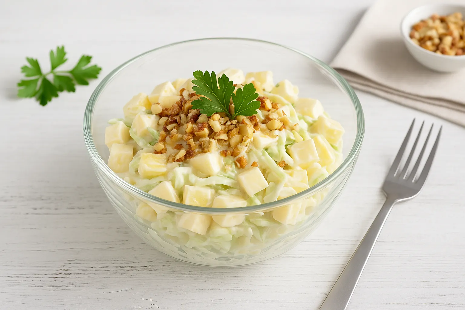 Florida-Salat mit Ananas, Käse, Sellerie und Nüssen in einer modernen Glasschüssel auf weißem Holzhintergrund