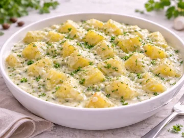 Kartoffelstücke in cremiger saurer Sahnesoße mit Kräutern auf hellem Holzhintergrund