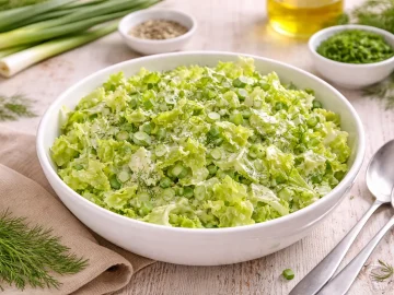 Grüner Salat mit Lauchzwiebeln und Dill in einer weißen Schüssel auf hellem Holzhintergrund