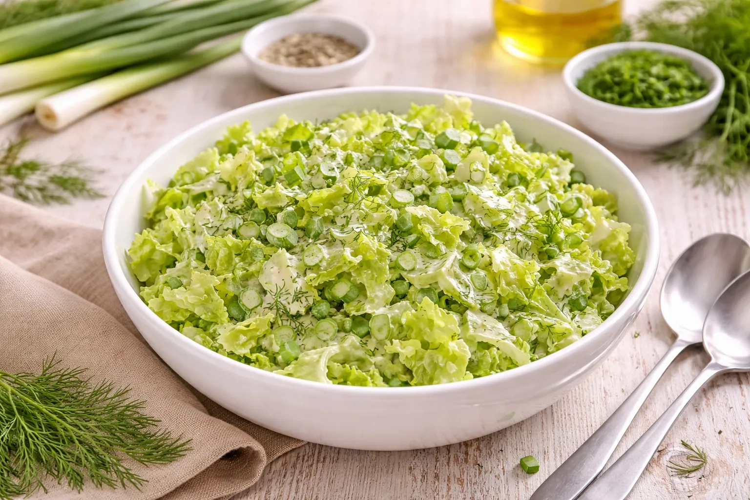 Grüner Salat mit Lauchzwiebeln und Dill in einer weißen Schüssel auf hellem Holzhintergrund