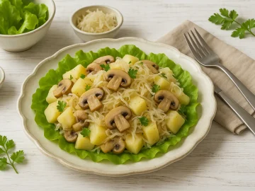 Teller mit Kartoffelsalat aus Champignons und Sauerkraut auf weißem Holzhintergrund