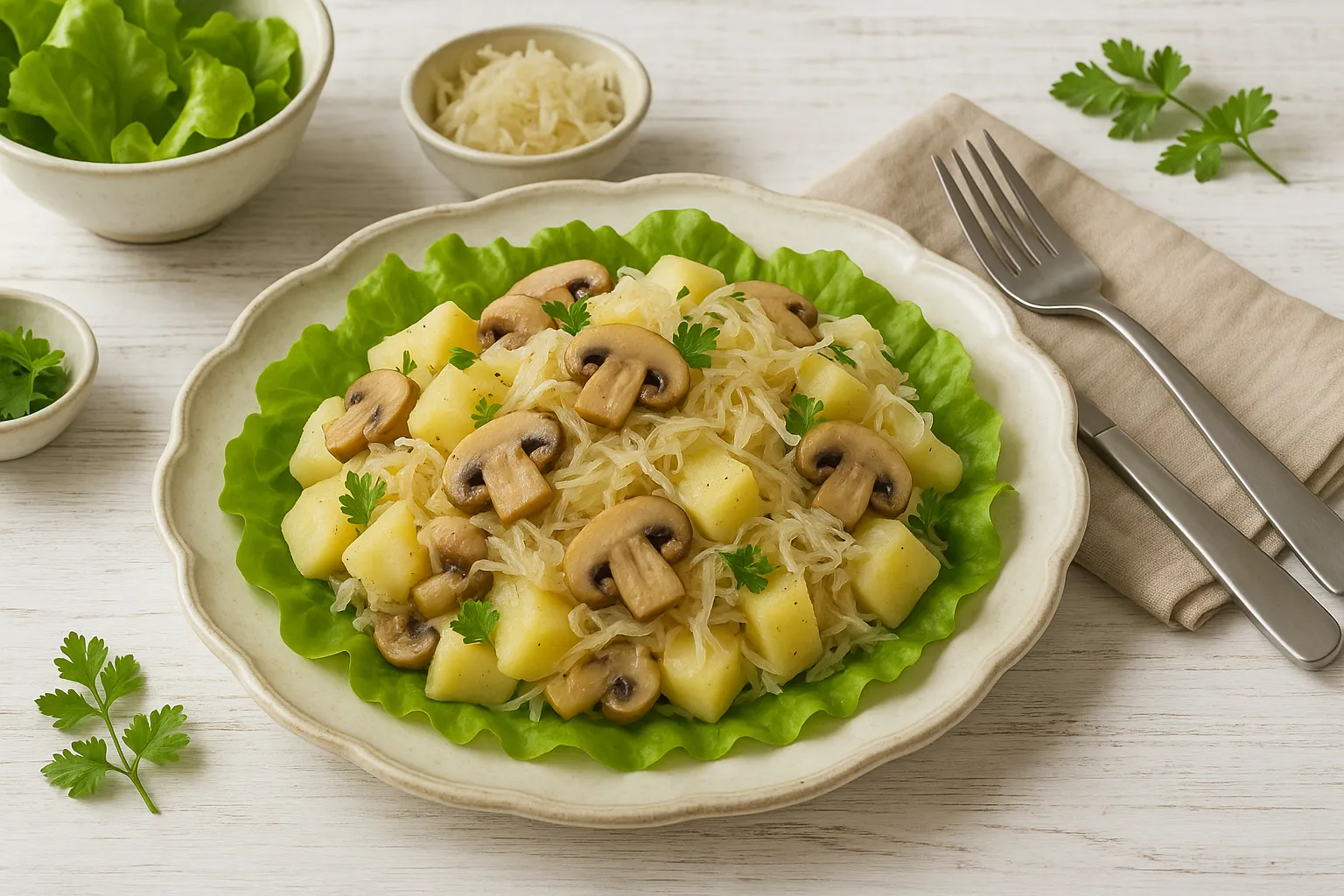 Teller mit Kartoffelsalat aus Champignons und Sauerkraut auf weißem Holzhintergrund