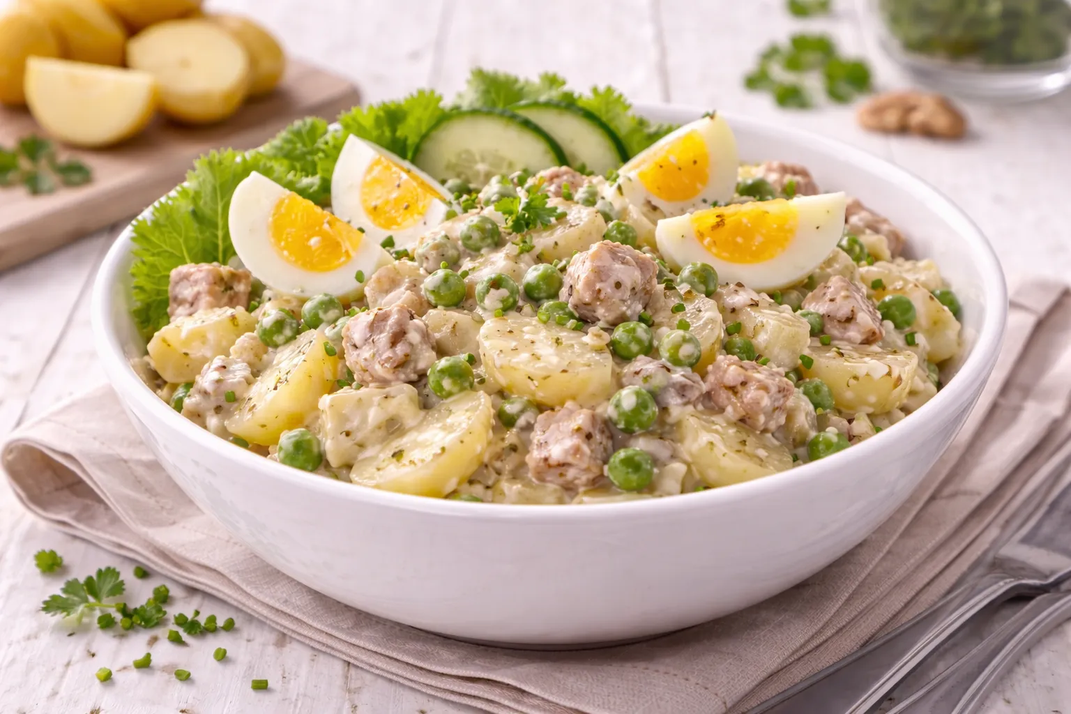 Weiße Schale mit Kartoffelsalat aus Kartoffelscheiben, Dorschleber, Erbsen, Ei und Gurken auf weißem Holzhintergrund