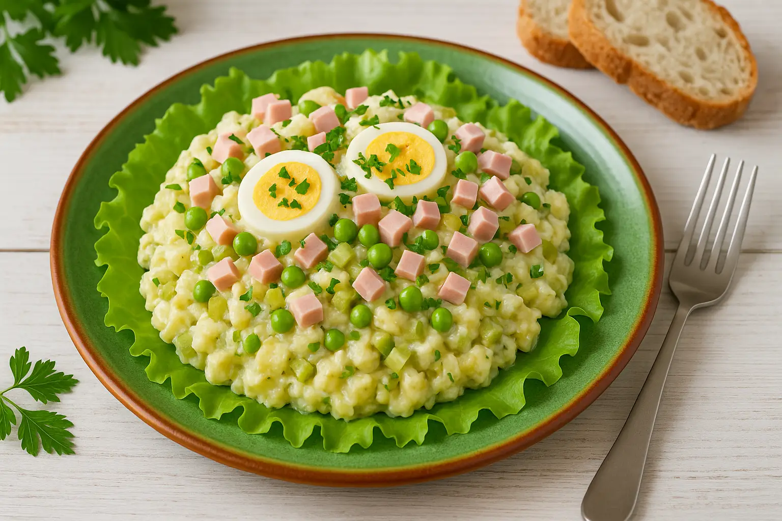 Kartoffelsalat mit Schinken, Ei, Erbsen und Gurken auf grünem Teller, angerichtet auf Salatblättern mit frischen Kräutern.