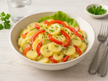 Kartoffelsalat mit Tomatenpaprika und Gurken in weißer Schüssel auf hellem Holztisch