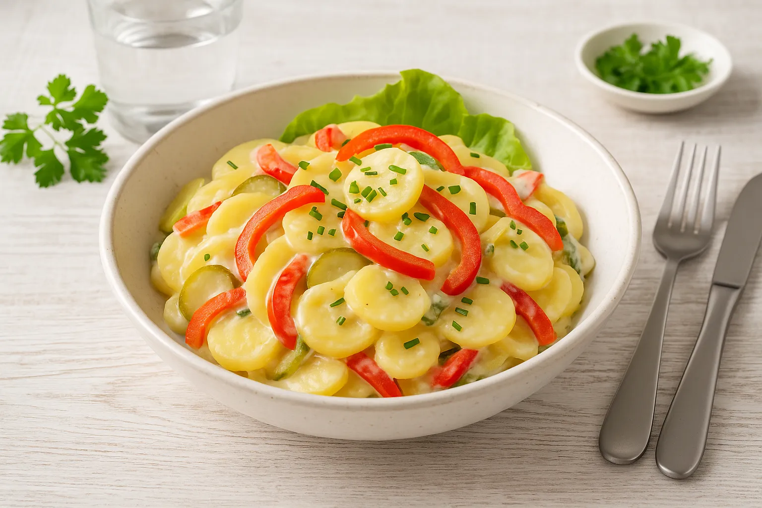 Kartoffelsalat mit Tomatenpaprika und Gurken in weißer Schüssel auf hellem Holztisch