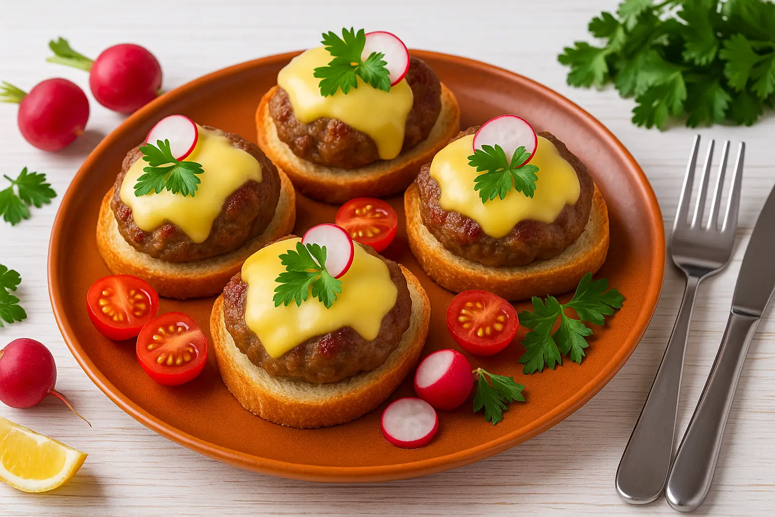  Klops mit Käsehütchen auf orangefarbenem DDR-Teller, Hackklops auf Weißbrot mit Käse, dekoriert mit Petersilie, Radieschen und Tomaten auf weißem Holztisch.