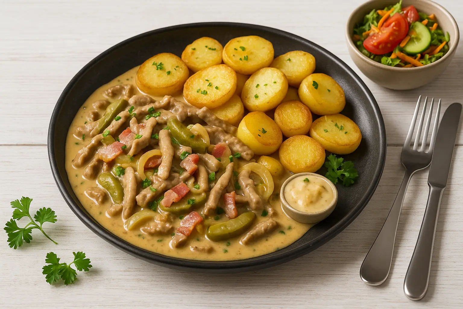  Lettischer Stroganow mit Fleisch, Speck, Gurken und Sahnesoße auf schwarzem Teller, dazu Schwenkkartoffeln und Rohkostsalat auf weißem Holztisch.