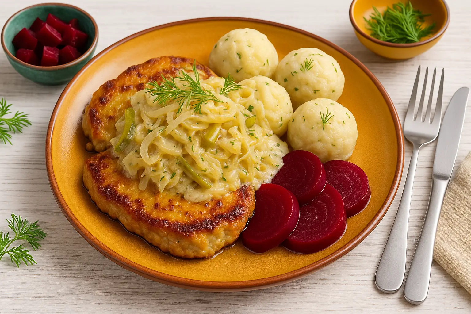 Lübbener Senfsteaks mit Zwiebeln, Gurken und Sauerkraut auf farbigem DDR-Teller mit Kümmelklößen und roter Bete, dekorativ auf weißem Holzhintergrund angerichtet.