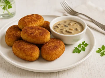 Gebratene Reisklopse auf weißem Teller, serviert auf hellem Holztisch mit moderner Dekoration