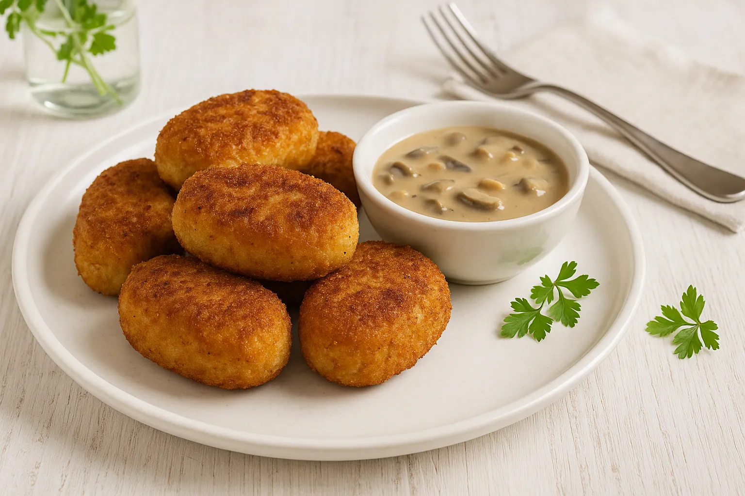 Gebratene Reisklopse auf weißem Teller, serviert auf hellem Holztisch mit moderner Dekoration