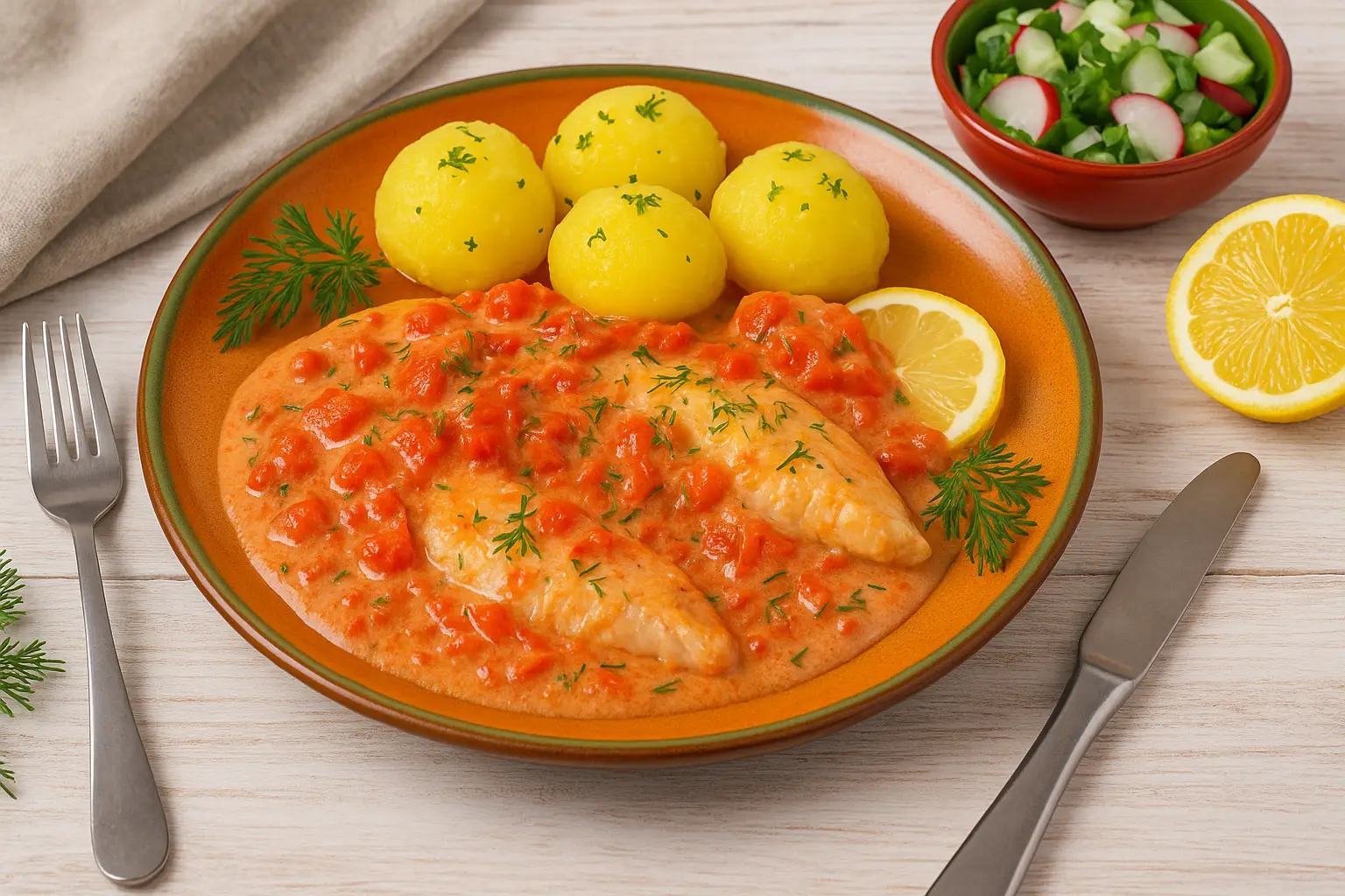  Rostocker Tomatenfisch mit cremiger Tomaten-Joghurt-Soße, Zwiebeln und Dill auf buntem Teller, serviert mit Petersilienkartoffeln und Frischkostsalat, hell und dekorativ angerichtet.
