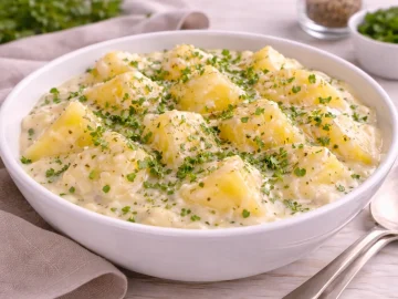 Sahnekartoffeln in cremiger Sahnesoße mit Butter und frischen Kräutern in weißer Schüssel auf hellem Holztisch.