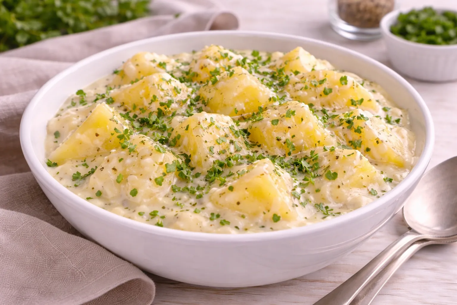 Sahnekartoffeln in cremiger Sahnesoße mit Butter und frischen Kräutern in weißer Schüssel auf hellem Holztisch.