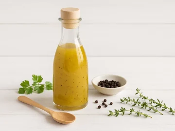 Glasflasche mit selbstgemachter Salatmarinade auf hellem Holzhintergrund