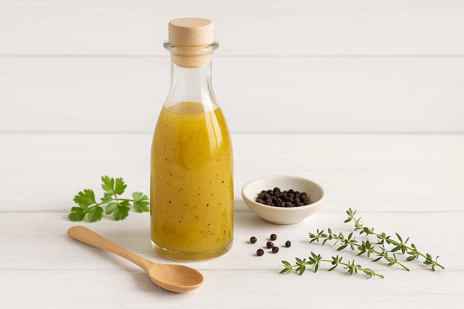 Glasflasche mit selbstgemachter Salatmarinade auf hellem Holzhintergrund