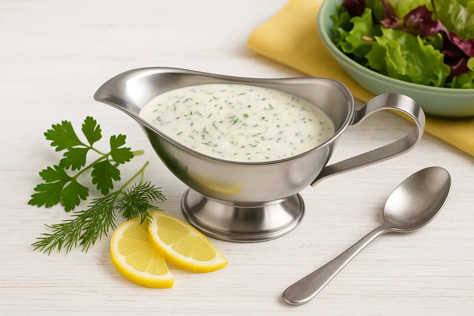  Cremige Salatmarinade mit Kräutern in Edelstahl-Sauciere, dekoriert mit frischen Kräutern und Zitronenscheiben auf weißem Holztisch.