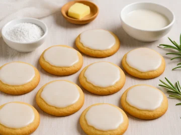 Goldbraune Schmalzkekse mit Zitronenglasur auf weißem Holzhintergrund in dekorativer Anordnung