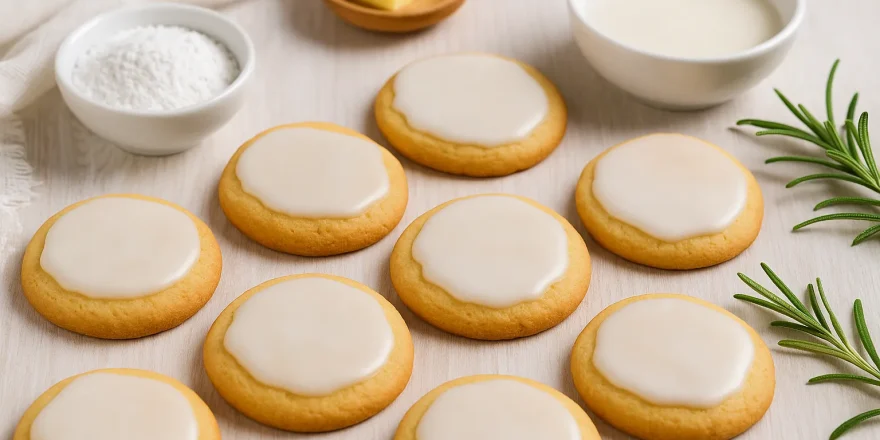 Goldbraune Schmalzkekse mit Zitronenglasur auf weißem Holzhintergrund in dekorativer Anordnung