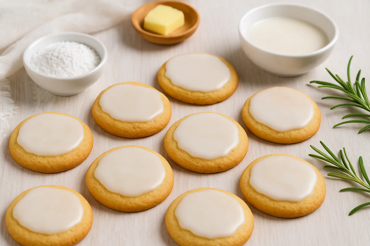 Goldbraune Schmalzkekse mit Zitronenglasur auf weißem Holzhintergrund in dekorativer Anordnung