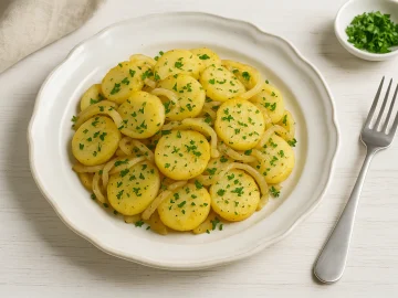 Schmorkartoffeln mit Zwiebeln und frischer Petersilie auf weißem DDR-Teller mit heller Dekoration